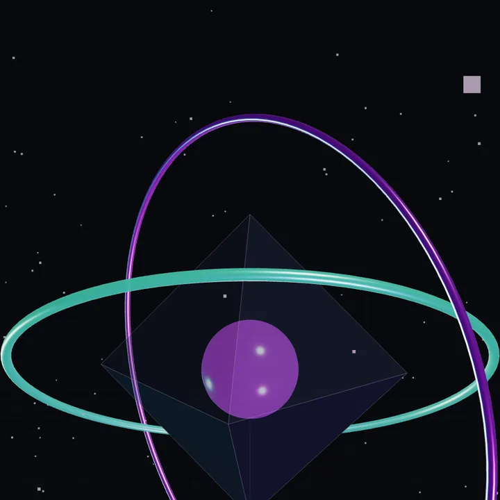 A glowing violet core inside a glass crystal, circled by a cyan ring and a violet ring